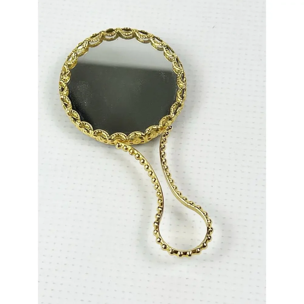 Vintage LIMOGES France Handheld Mirror Black & Gold Porcelain Vanity 4.5